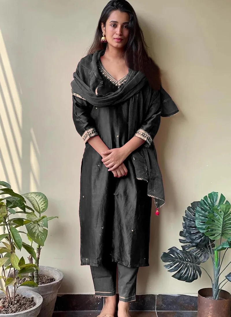 GoSriKi  GoSriKi Women's Rayon Blend Straight Embroidered Kurta with Pant & Dupatta (BAGICHA BLACK-GS_XXL_Black_XX-Large) for Women | Best Price UAE